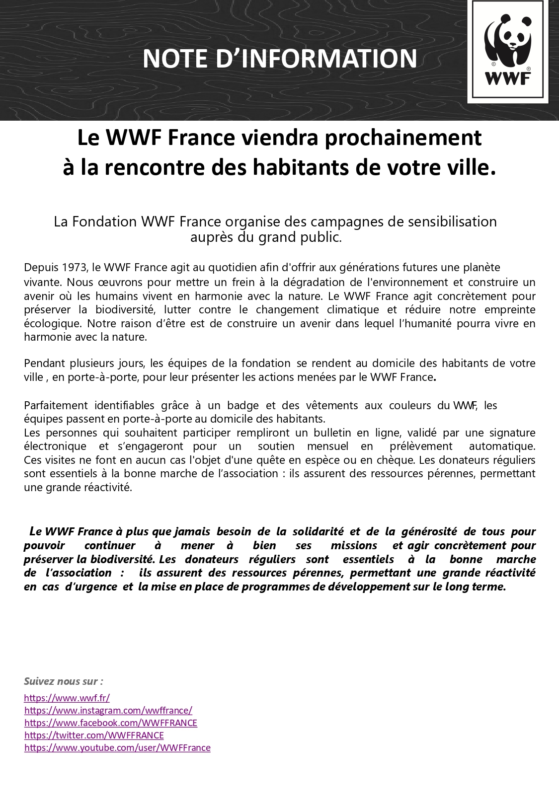 Communiqué porte-à-porte WWF 2024/2025 Communiqué porte-à-porte WWF 2024/2025