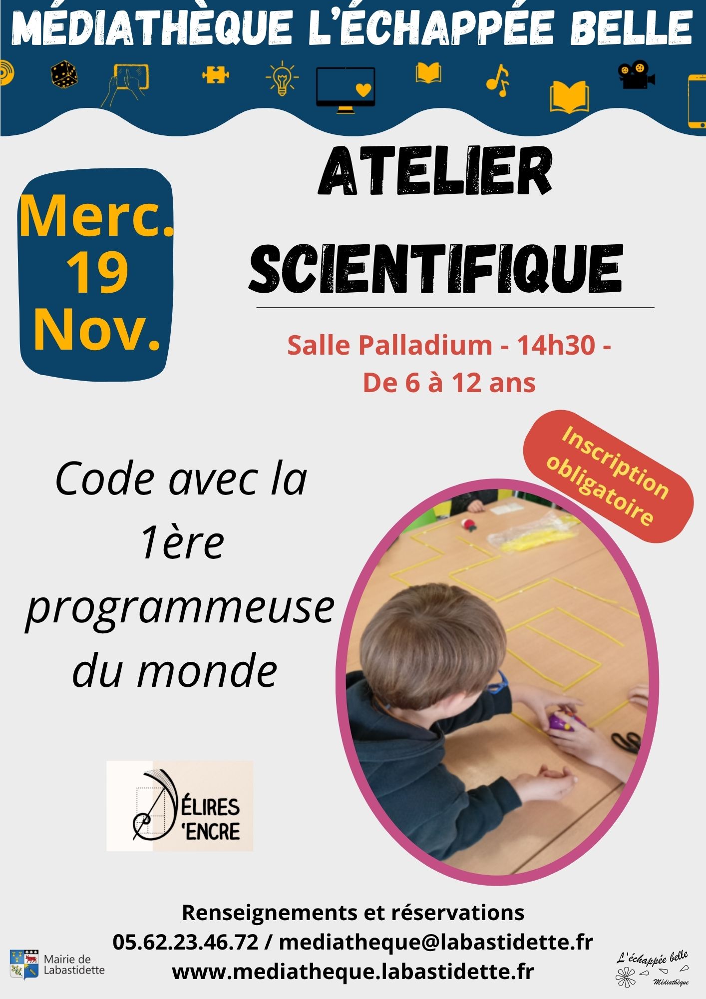 Animation “Code avec la première programmeuse du monde” à la médiathèque de Labastidette – atelier de codage ludique pour enfants de 6 à 12 ans avec découverte d’Ada Lovelace.