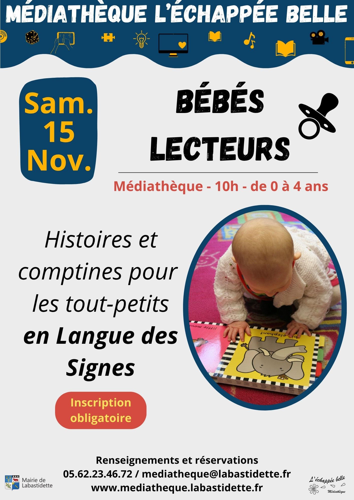 Animation Bébés lecteurs en langue des signes à la médiathèque de Labastidette – éveil, histoires et comptines pour les tout-petits et leurs parents.