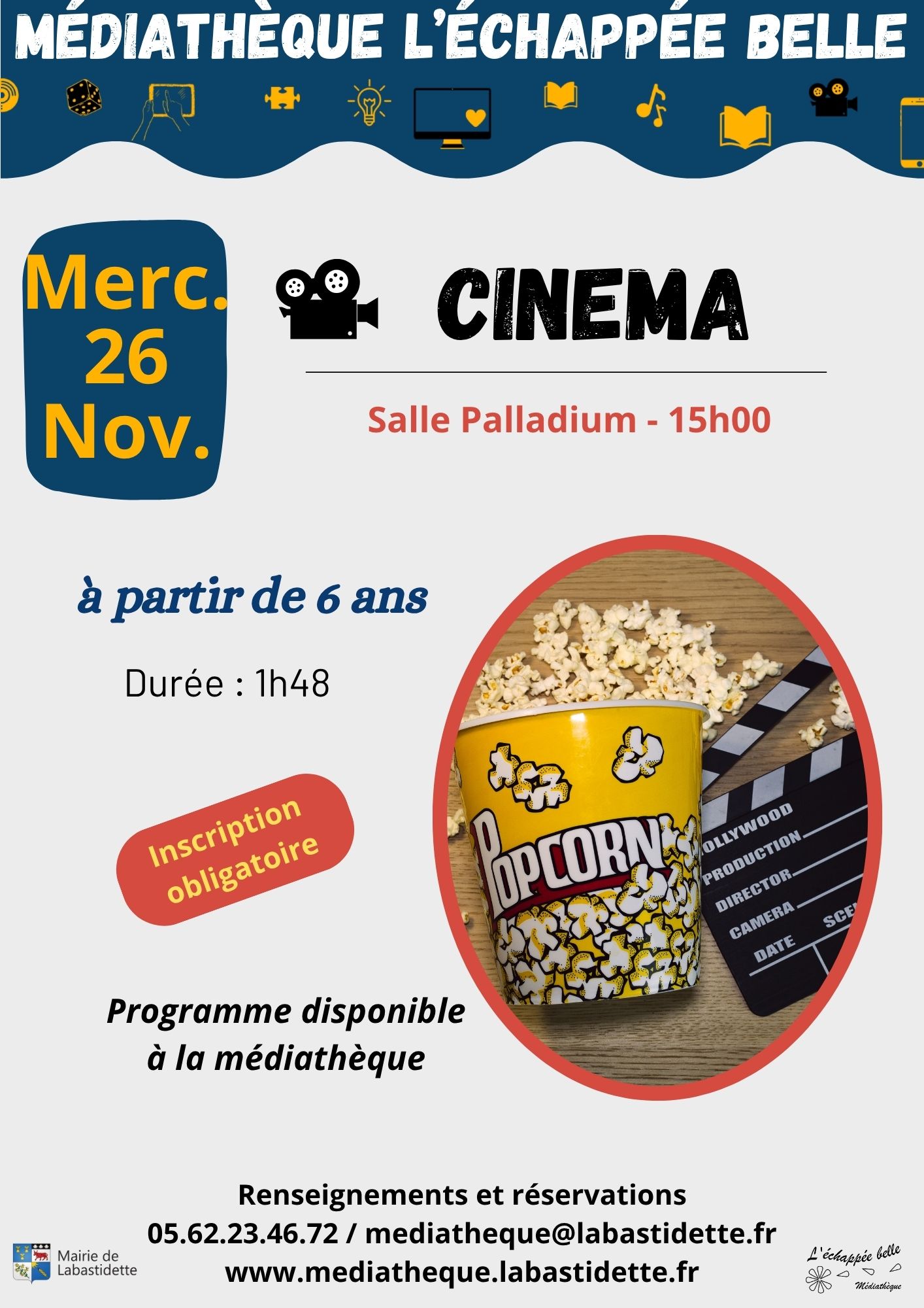 Séance cinéma à la médiathèque de Labastidette – projection de films pour toute la famille dans une ambiance conviviale.