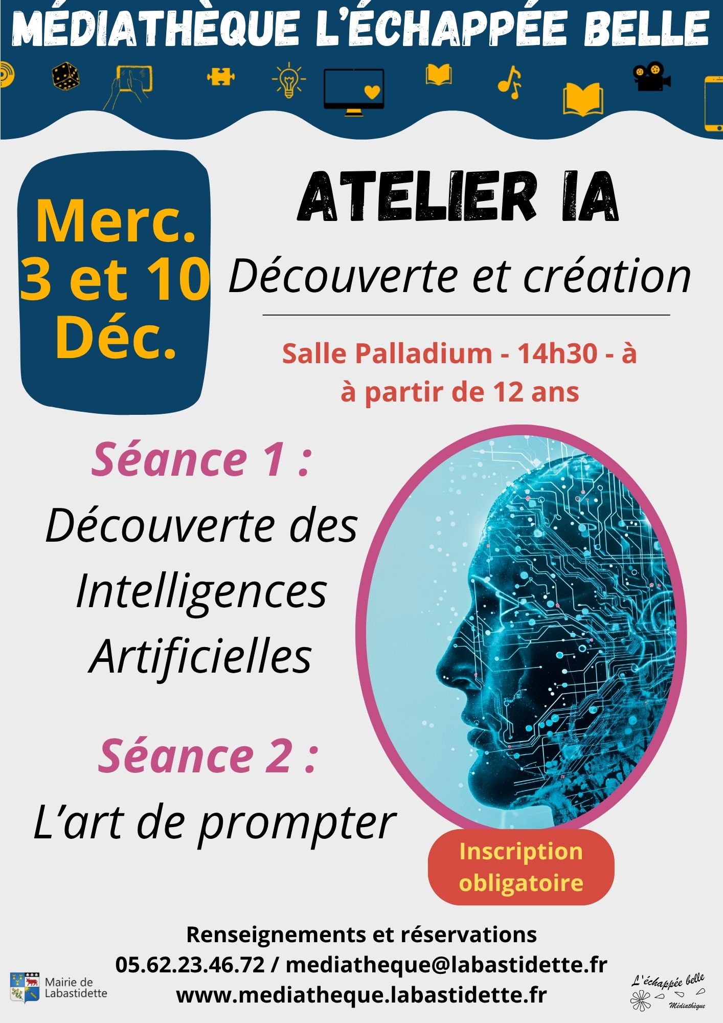 Ateliers “Découverte de l’intelligence artificielle et création d’histoires” à la médiathèque de Labastidette – initiation à l’IA pour les jeunes à partir de 12 ans.