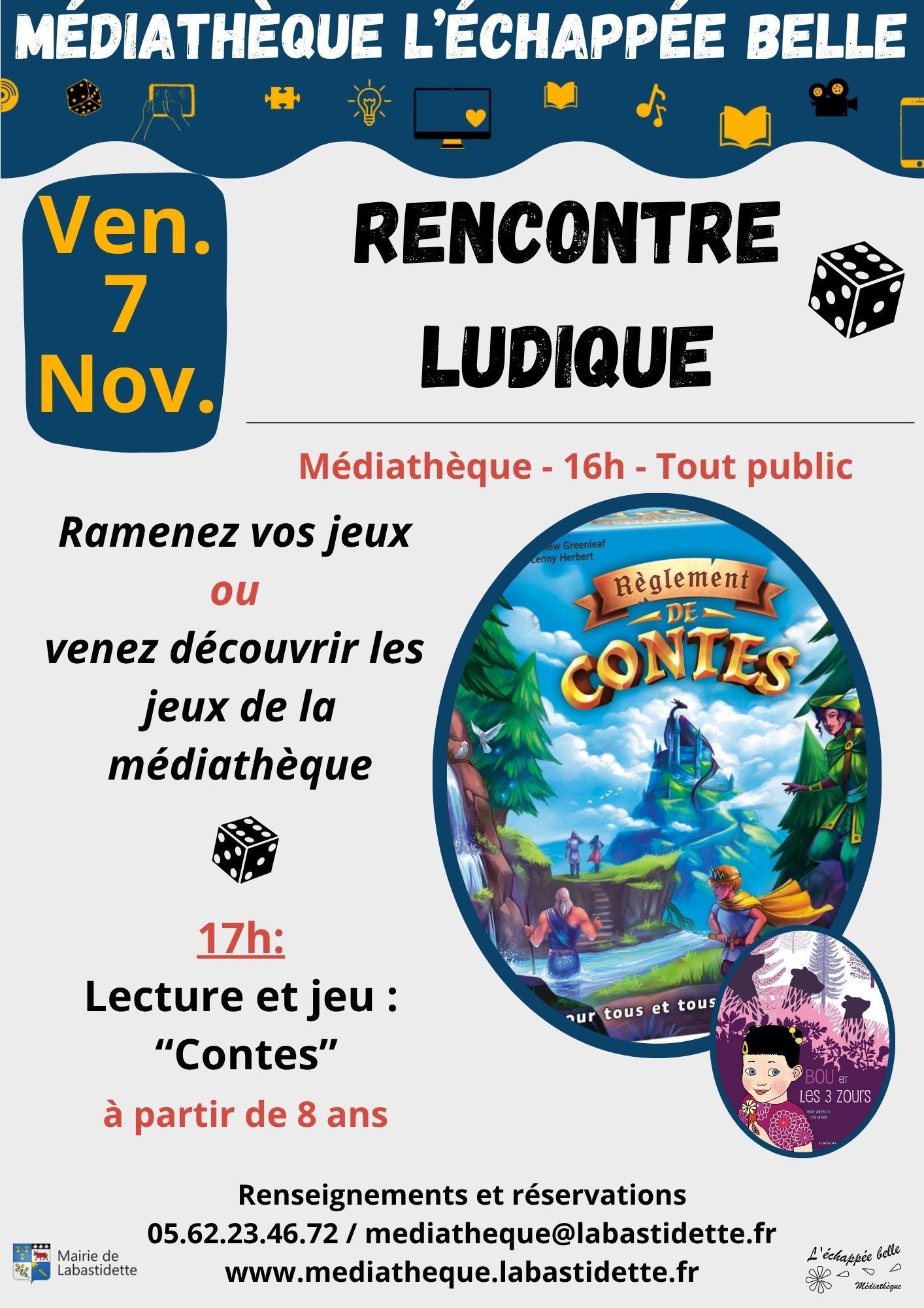 Rencontre ludique à la médiathèque de Labastidette – après-midi jeux et lecture pour enfants et familles.