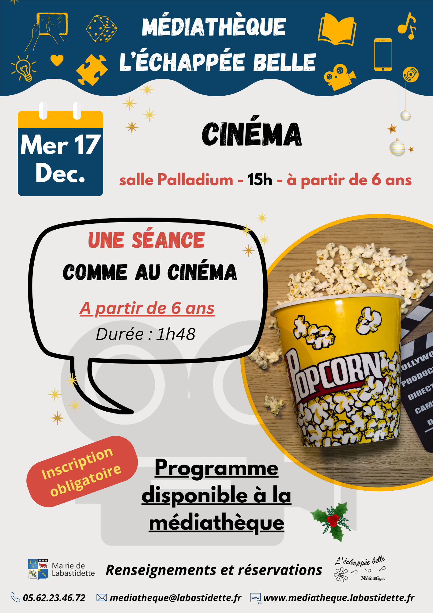 Cinema salle palladium Séance cinéma à la médiathèque de Labastidette – projection de films pour toute la famille dans une ambiance conviviale.