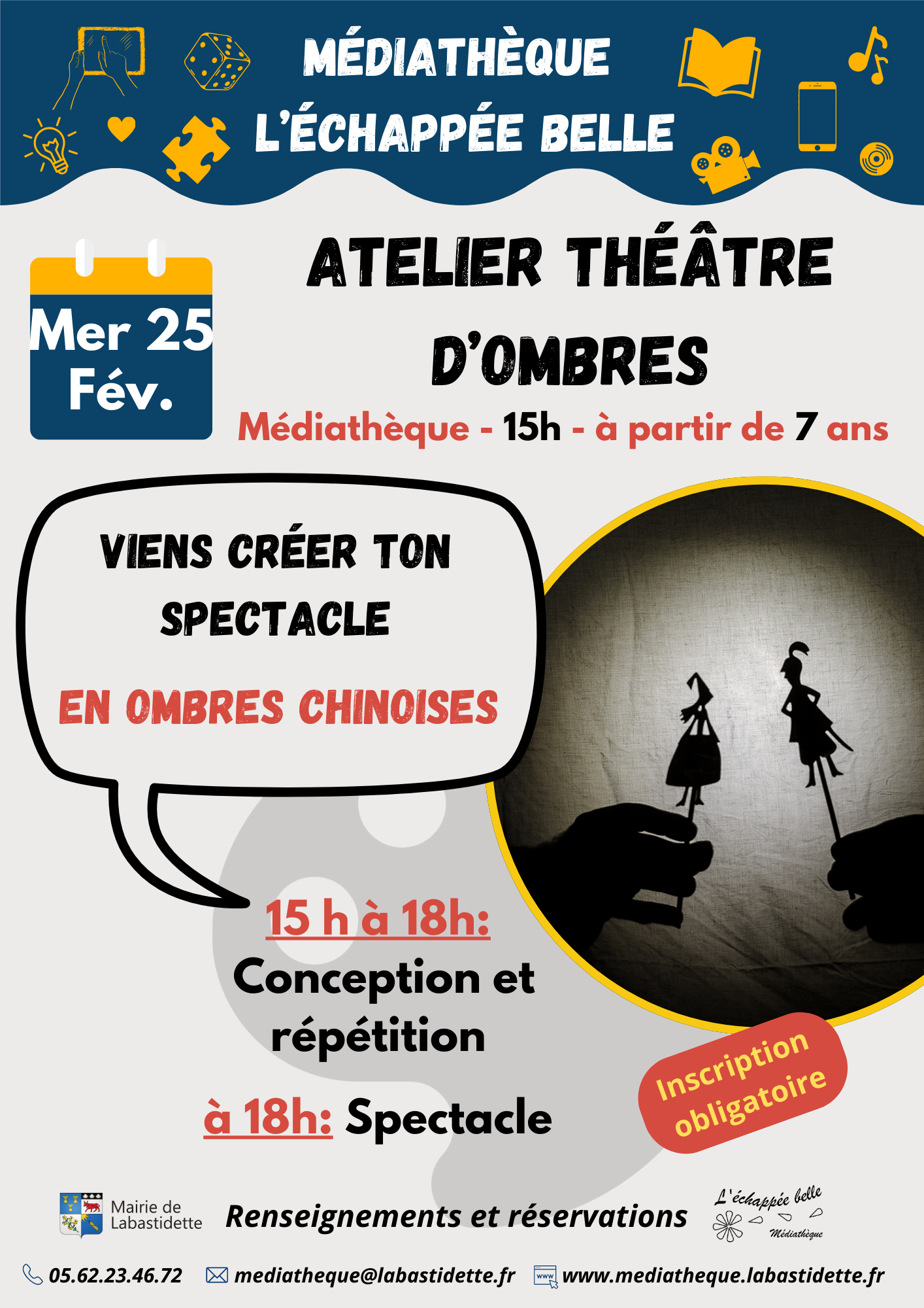 Atelier théâtre Séance cinéma à la médiathèque de Labastidette – projection de films pour toute la famille dans une ambiance conviviale.