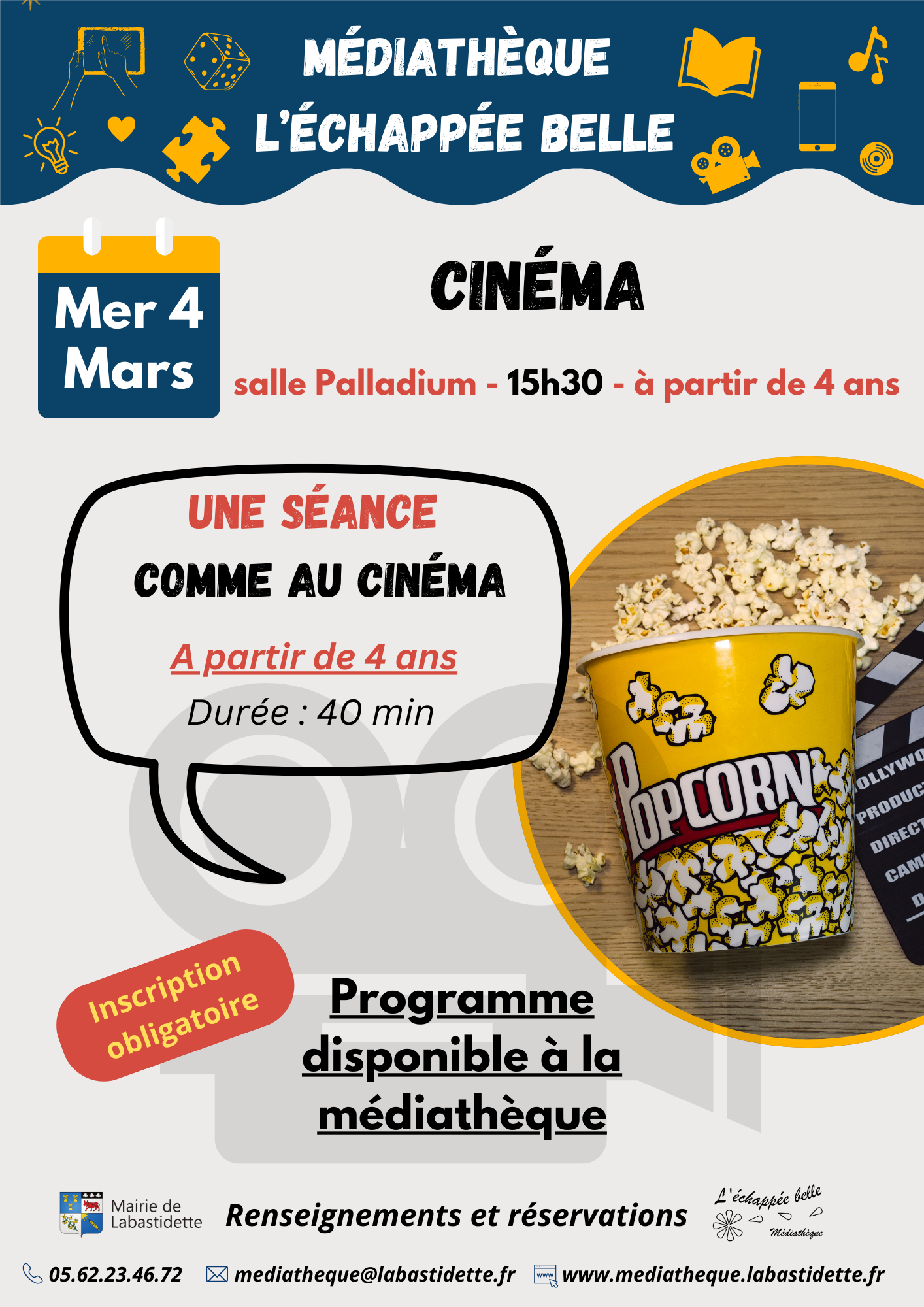 Séance cinéma à la médiathèque de Labastidette – projection de films pour toute la famille dans une ambiance conviviale.