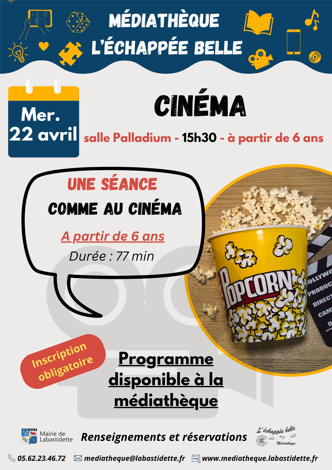 Cinema Externe Séance cinéma à la médiathèque de Labastidette – projection de films pour toute la famille dans une ambiance conviviale.