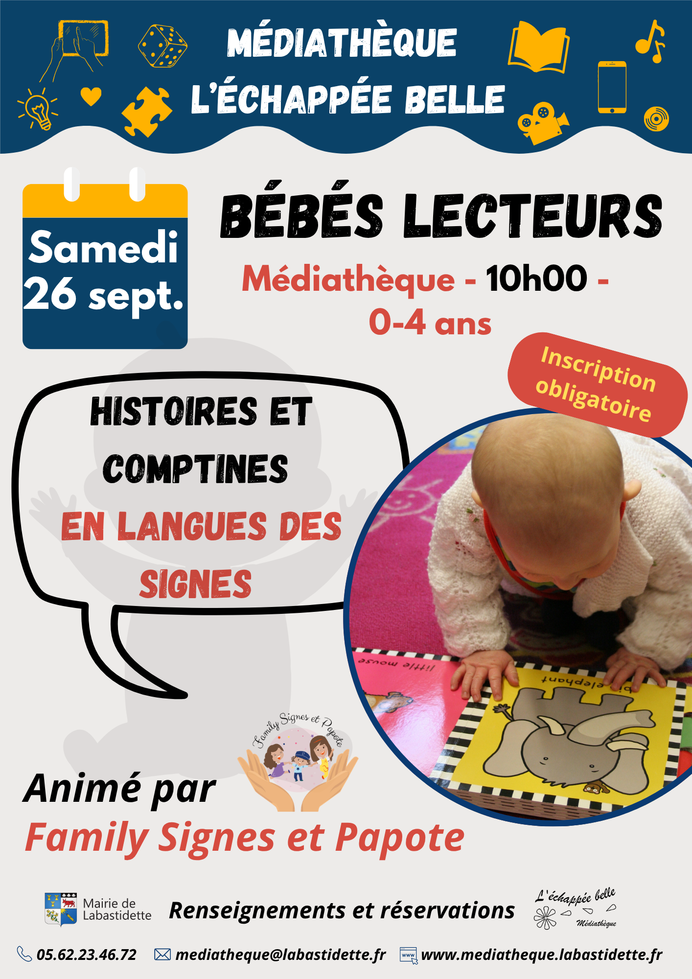Bébés lecteurs Séance cinéma à la médiathèque de Labastidette – projection de films pour toute la famille dans une ambiance conviviale.