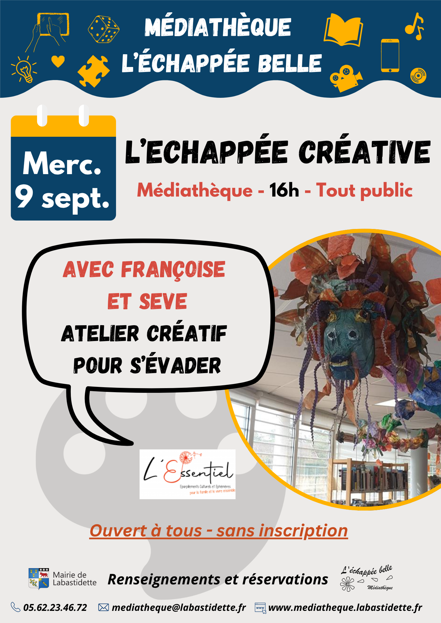 échappée créative Séance cinéma à la médiathèque de Labastidette – projection de films pour toute la famille dans une ambiance conviviale.