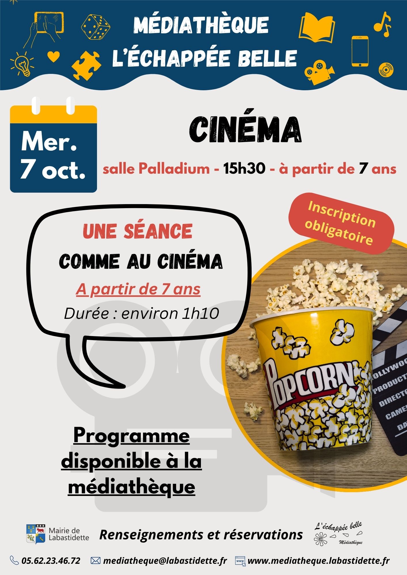 Cinema Externe Séance cinéma à la médiathèque de Labastidette – projection de films pour toute la famille dans une ambiance conviviale.